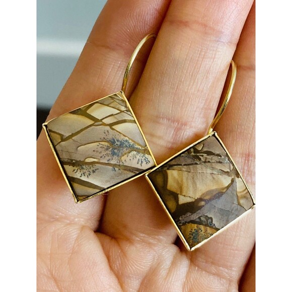 925 sterling silver 14kt gold natural scenery jasper earrings